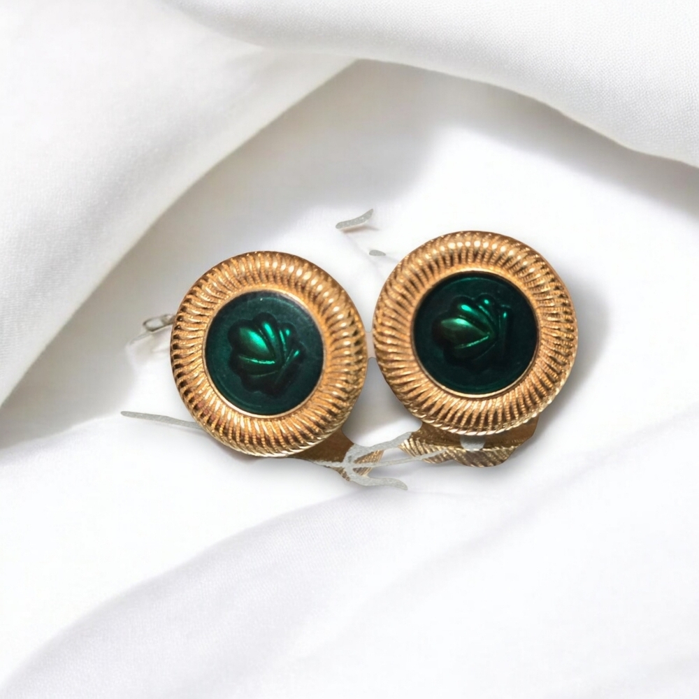 🌲Unique Gift Idea- Vintage Gold & Turquoise Lotus Leaf Studs by Monet